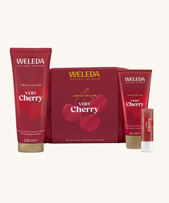 Weleda Very Cherry Gift Set. This limited edition gift set comes with a luxury shower cream, hand cream and a lip balm all in a red coloured make up bag. Weleda have a range of luxurious, natural skin care items available at Babipur. 