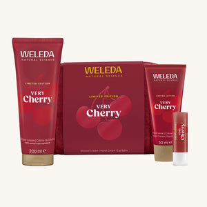 Weleda Very Cherry Gift Set. This limited edition gift set comes with a luxury shower cream, hand cream and a lip balm all in a red coloured make up bag. Weleda have a range of luxurious, natural skin care items available at Babipur. 
