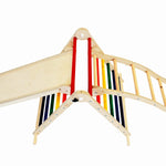 Triclimb Wibli and Miri slide attached to a double rainbow Triclimb on a white background