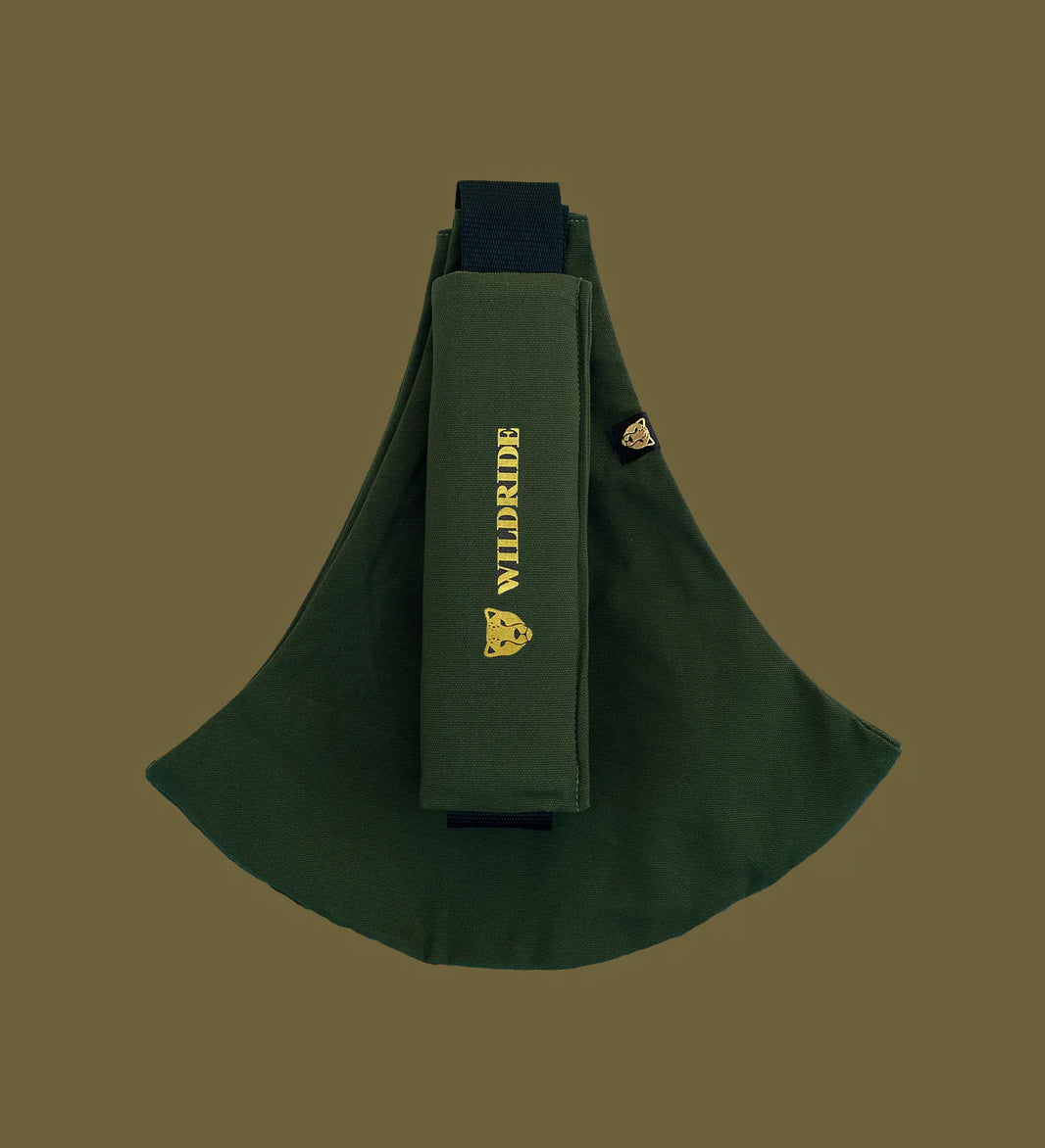 Wildride toddler carrier in army green. A 100% cotton seat stylish hip carrier for babies with brand name in yellow on the strap that's folded over the carrier's seat