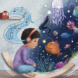 A page from the When My Sense Feel Safe book from Windy showing a soft pastel style illustration of a young boy on a Wobbel Board imagining being surrounded by deep sea creatures 