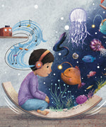 A page from the When My Sense Feel Safe book from Windy showing a soft pastel style illustration of a young boy on a Wobbel Board imagining being surrounded by deep sea creatures 
