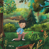 A page from the When My Sense Feel Safe book from Windy showing a soft pastel style illustration of a young boy in a forest looking at lady bugs with a blue bird singing above