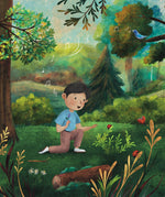 A page from the When My Sense Feel Safe book from Windy showing a soft pastel style illustration of a young boy in a forest looking at lady bugs with a blue bird singing above