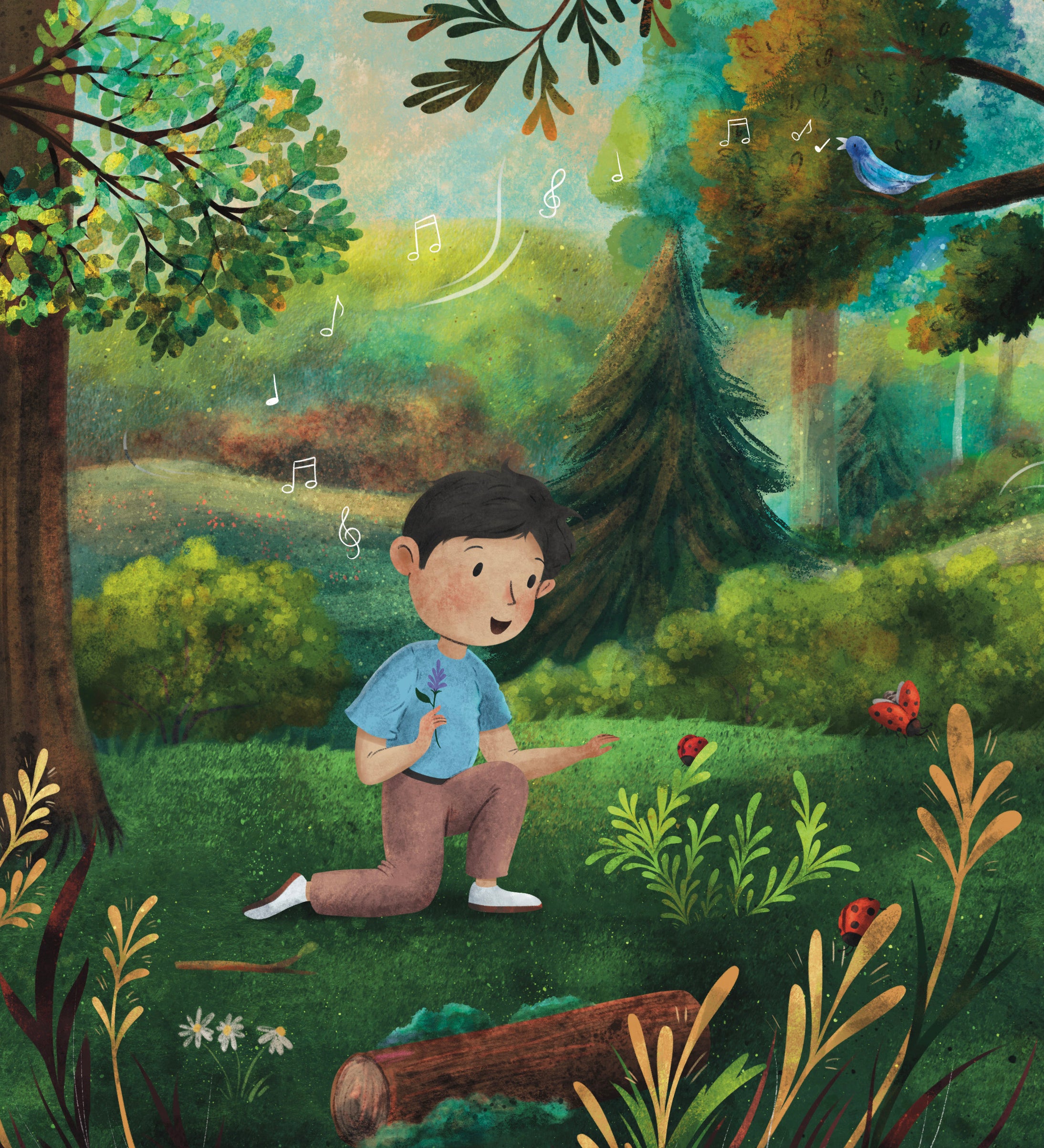 A page from the When My Sense Feel Safe book from Windy showing a soft pastel style illustration of a young boy in a forest looking at lady bugs with a blue bird singing above
