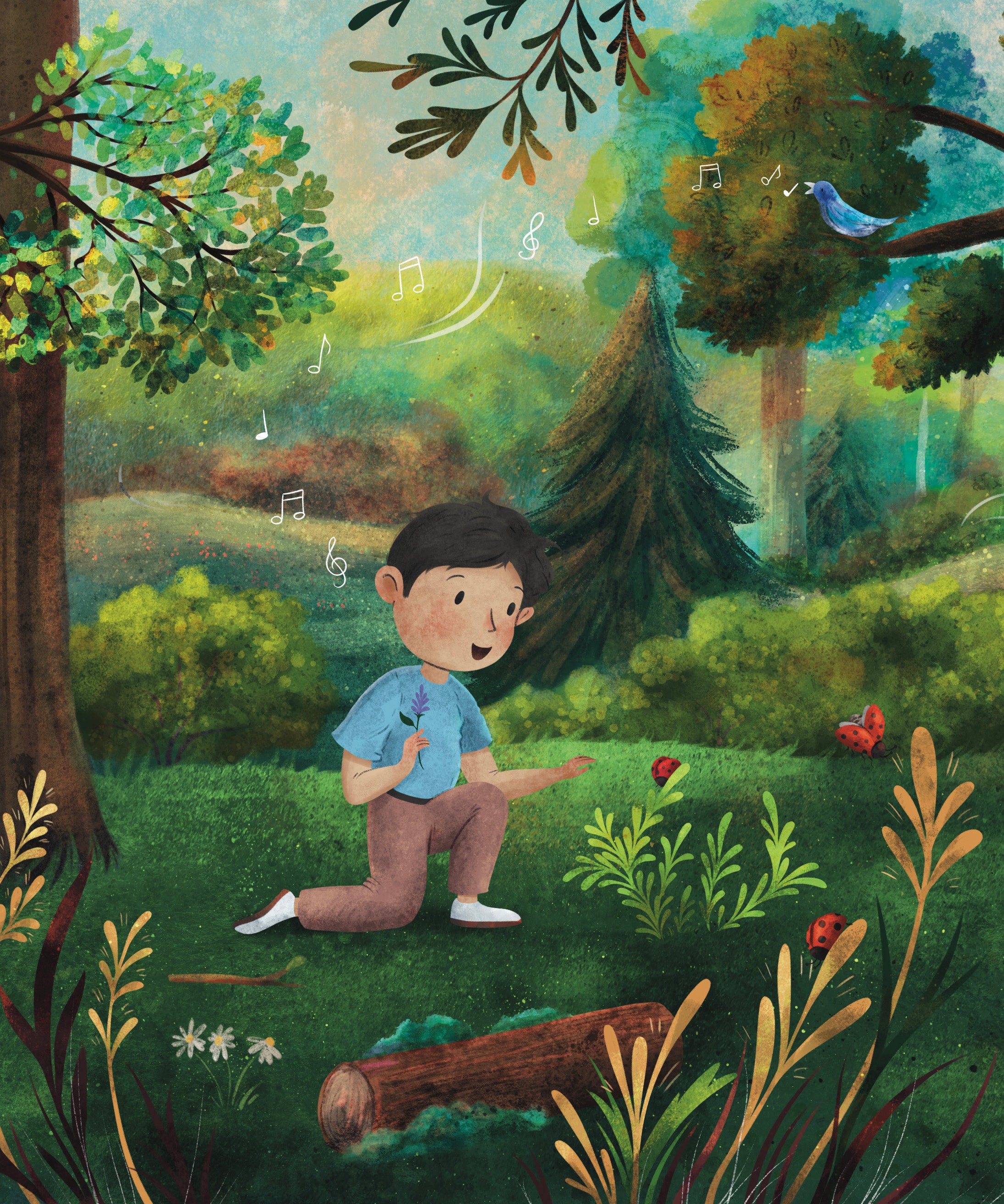 A page from the When My Sense Feel Safe book from Windy showing a soft pastel style illustration of a young boy in a forest looking at lady bugs with a blue bird singing above