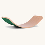 Wobbel Original beech balance board with forest wool felt backing shown from above in arch shape.