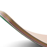 Close up of the rainbow stripes on the Wobbel classic rainbow balance board toy on a white background