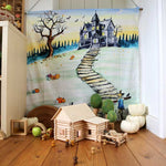 Wondercloths Halloween themed organic cotton play cloth hung up by the side of shelving full of various wooden toys