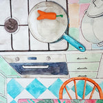  vegetables and bread are displayed on the Kitchen Wonderie Play cloth table