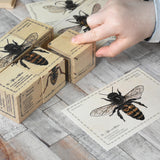 The blocks from the Wooden Story Species of Bees Puzzle Blocks Set placed on a wooden surface, next to the corresponding species of bee. 