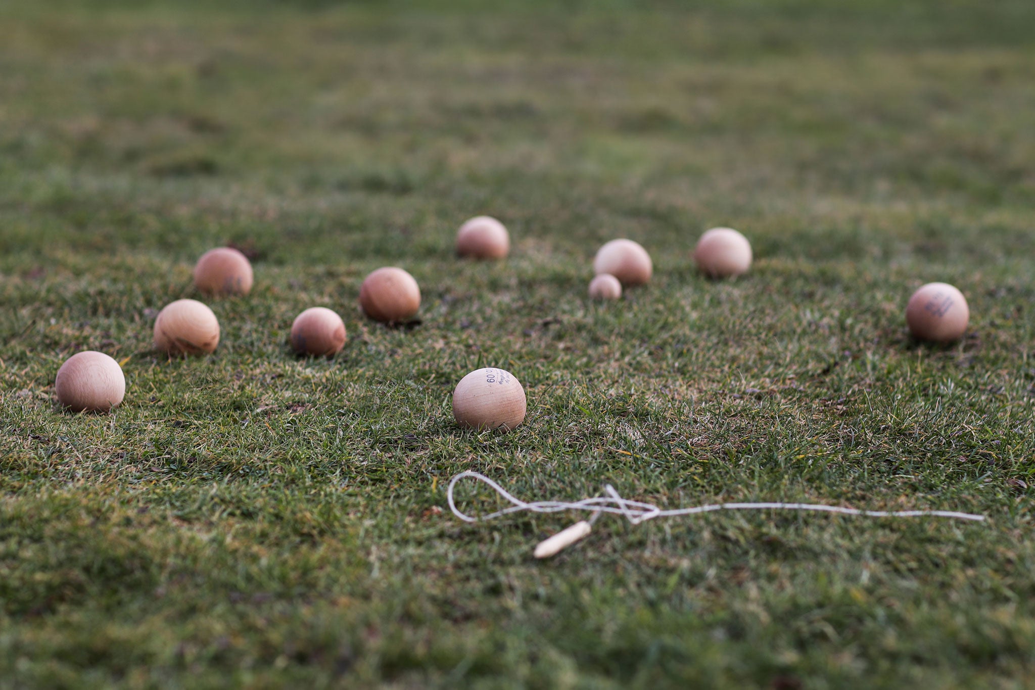 The Wooden Story Boules set laid out on grass outdoors. 