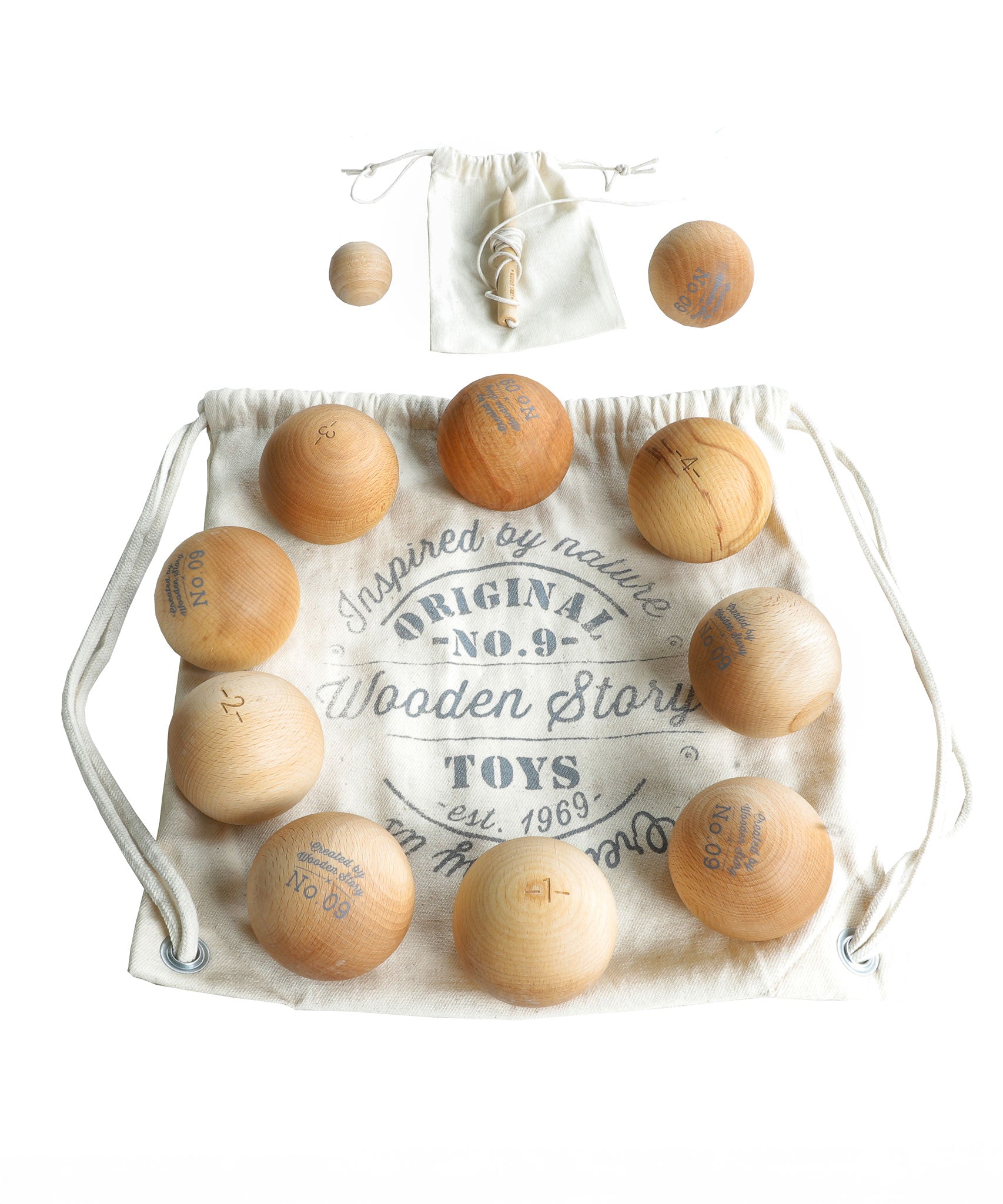 Wooden Story Boules set. The set contains the wooden boules balls and a smaller target ball, called cochonnet or jack. 