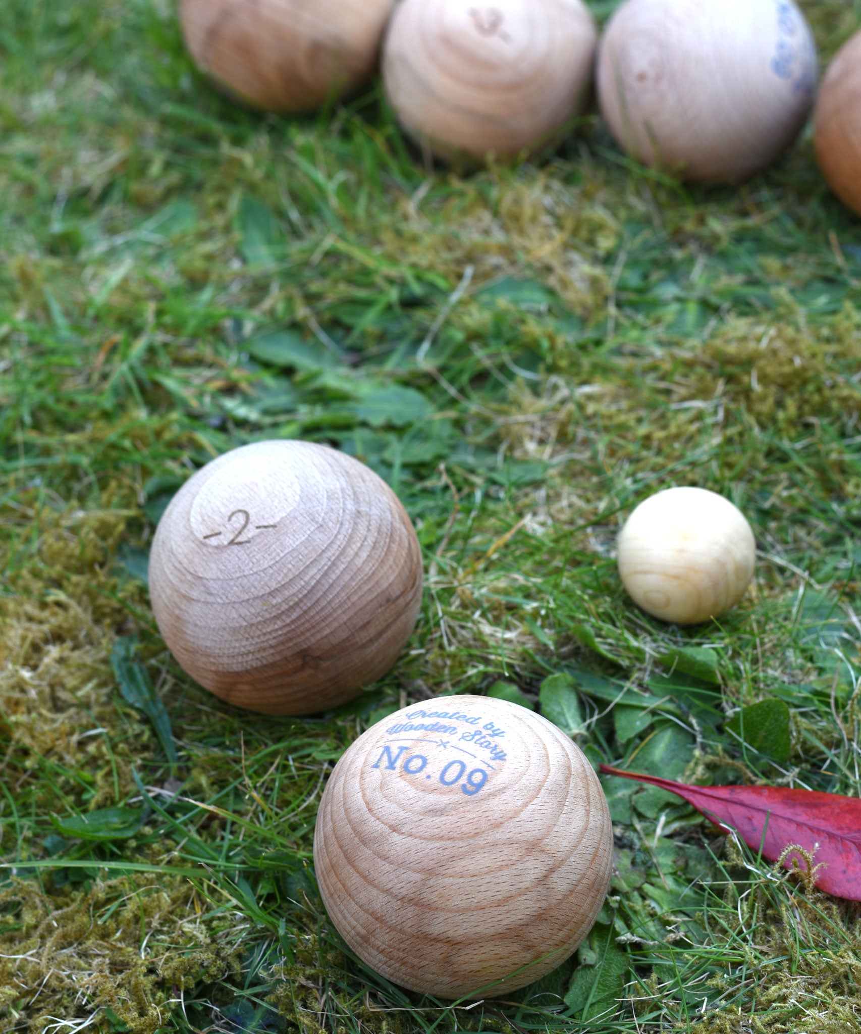 Two boules balls from the Wooden Story boules set on grass next to the small jack ball. Other boules balls can be seen in the background. 