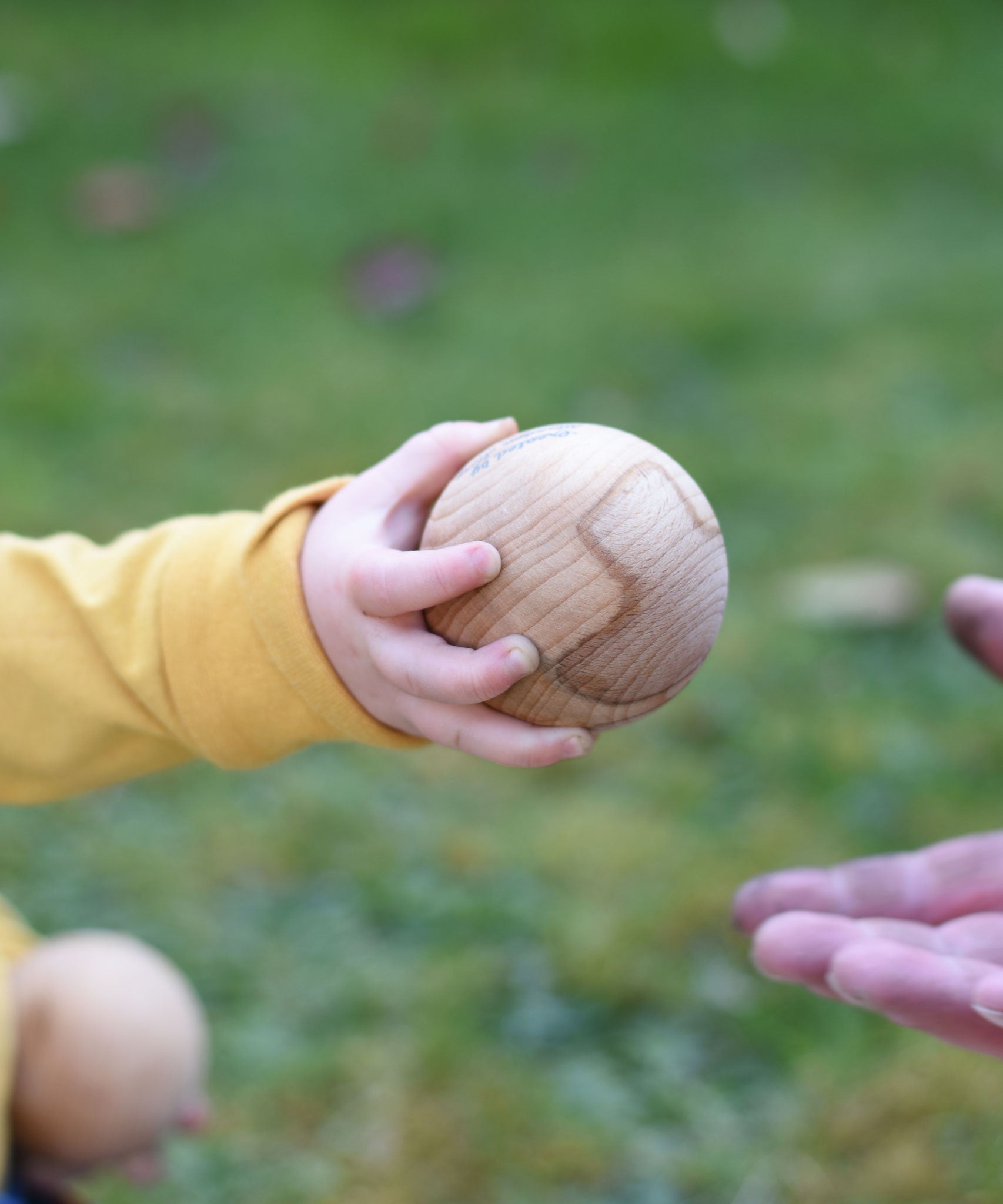 A close up of a Wooden Story boules ball in a young child'd hand. They are passing the ball over.