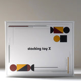 Packaging for the Wooden Story modern stacking toy showing Bauhaus inspired shapes on each corner