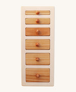 The Wooden Story Montessori Wide-Thin Knob Puzzle. A puzzle with 5 rectangular shaped pieces that fit into a wooden frame.