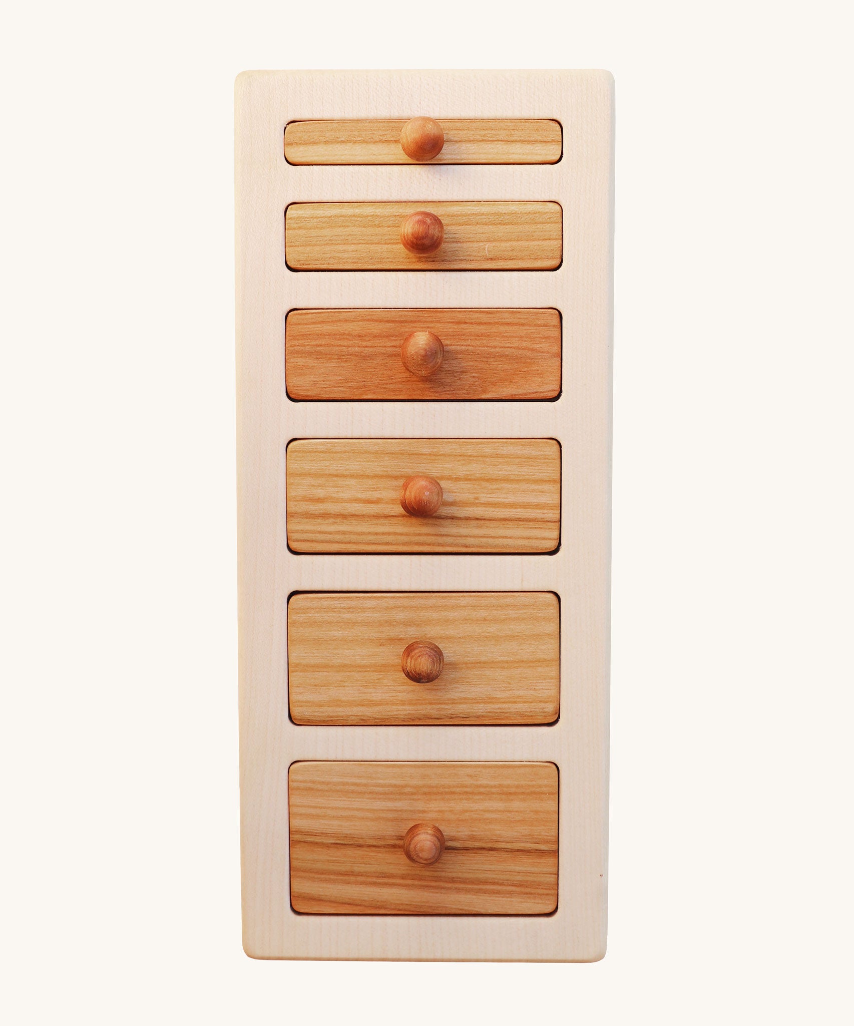 The Wooden Story Montessori Wide-Thin Knob Puzzle. A puzzle with 5 rectangular shaped pieces that fit into a wooden frame.