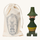 Wooden Story Stacking Toy Stick Figure - No7 next to its cotton drawstring storage bag.
