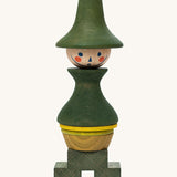Wooden Story Stacking Toy Stick Figure - No7, a green stacking wooden figure wearing a hat. 