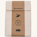 The canvas packaging pouch from the Wooden Story Number Tracking Board set on a plain background. 