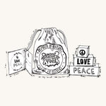 Illustrated plans of the Wooden Story Peace & Love Blocks - 3 Block laser engraved set with canvas drawstring gift bag and gift-tag.