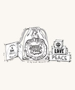 Illustrated plans of the Wooden Story Peace & Love Blocks - 3 Block laser engraved set with canvas drawstring gift bag and gift-tag.