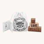 Wooden Story Peace & Love Blocks - 3 Block laser engraved set with canvas drawstring gift bag and gift-tag.