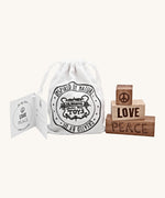 Wooden Story Peace & Love Blocks - 3 Block laser engraved set with canvas drawstring gift bag and gift-tag.