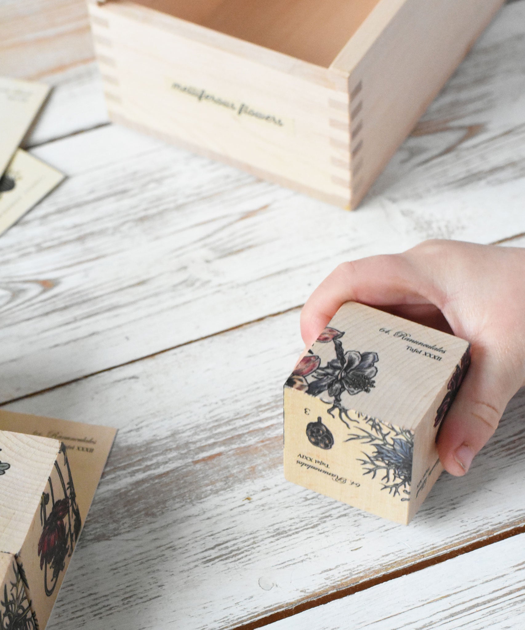 A close up of a block from the Wooden Story Melliferous Plants 
 Puzzle Block set in a child's hand.