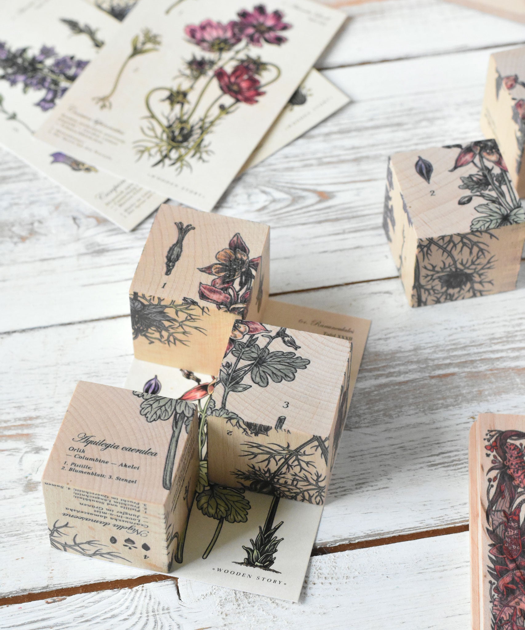 Three blocks from the Wooden Story Melliferous Plants Puzzle Block set placed on top of the matching card. 