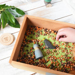 Wooden Story Play Tray filled with coloured dried rice and chick peas. There is a Grimm's friends and an Ostheimer blackbird.