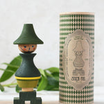 Wooden Story Stacking Toy Stick Figure - No7, a green stacking wooden figure wearing a hat.  The toy is shown next to it's patterned gift box packaging.