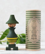 Wooden Story Stacking Toy Stick Figure - No7, a green stacking wooden figure wearing a hat.  The toy is shown next to it's patterned gift box packaging.