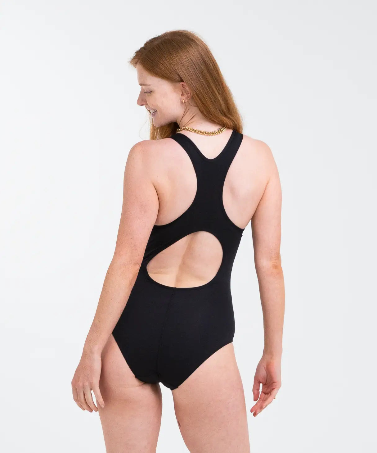 Back of woman wearing the Wuka perform period light/medium flow swimsuit in black