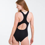 Back of woman wearing the Wuka perform period light/medium flow swimsuit in black