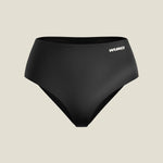 Front view of black WUKA Stretch™ Seamless Midi Brief period underwear laid flat on a neutral background, showing the smooth waistband, seamless edges, and white WUKA logo on the hip.