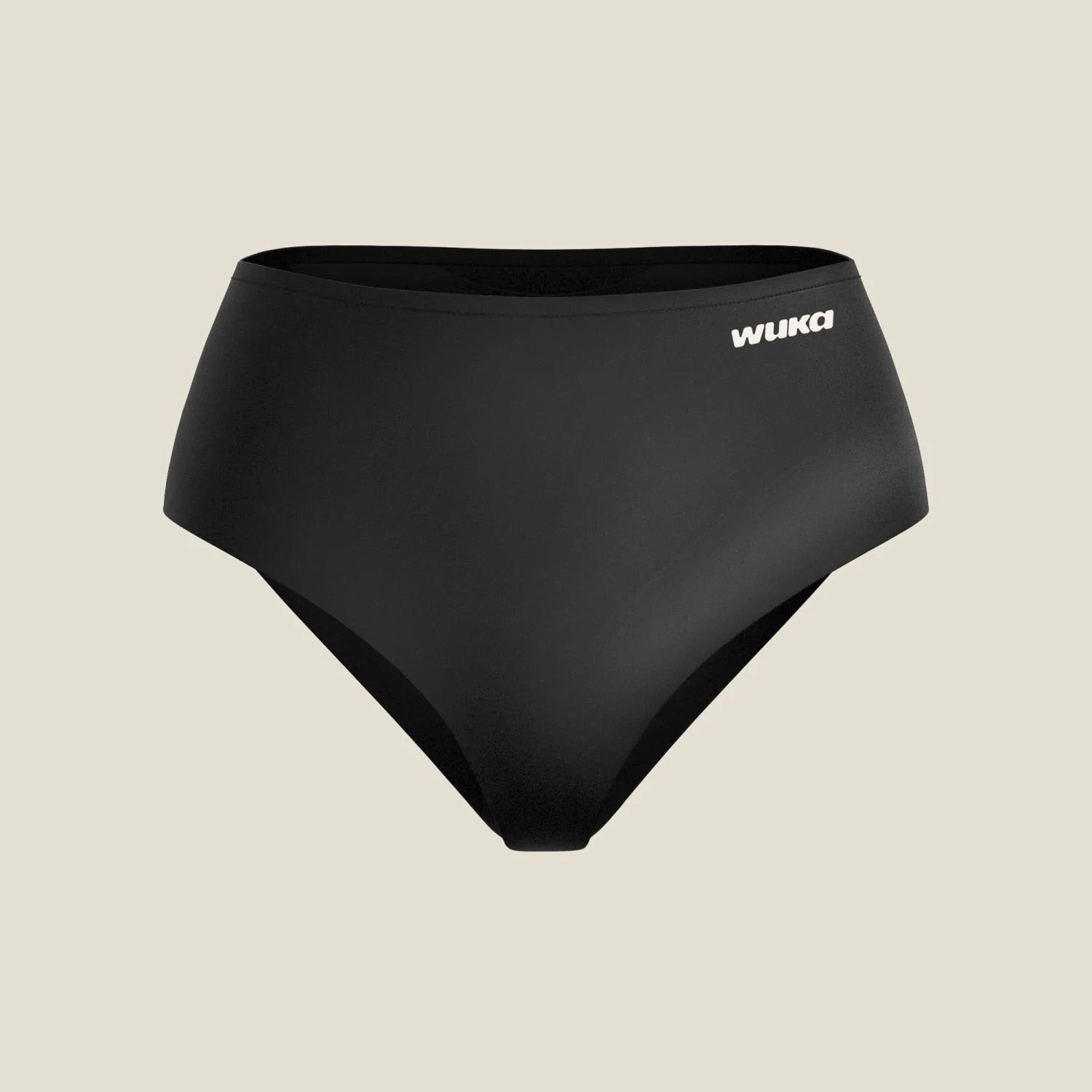 Front view of black WUKA Stretch™ Seamless Midi Brief period underwear laid flat on a neutral background, showing the smooth waistband, seamless edges, and white WUKA logo on the hip.