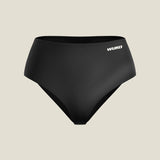 Front view of black WUKA Stretch™ Seamless Midi Brief period underwear laid flat on a neutral background, showing the smooth waistband, seamless edges, and white WUKA logo on the hip.