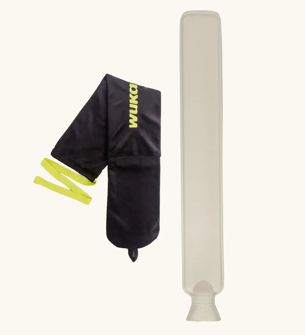 Wuka wearable hot water bottle to relieve period pains. A rubber bottle with a soft black fleece sleeve