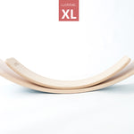 Wobbel XL Beech Wood balance board underneath a Wobbel Original board on a white background