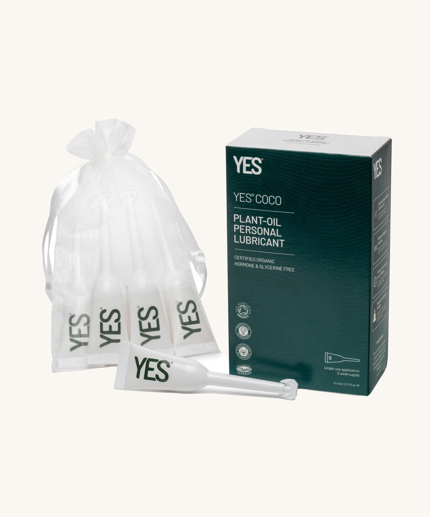Yes COCO Oil-Based Lubricant - 6 Pack Applicator box and bag which contains the 5ml lubricant applicators