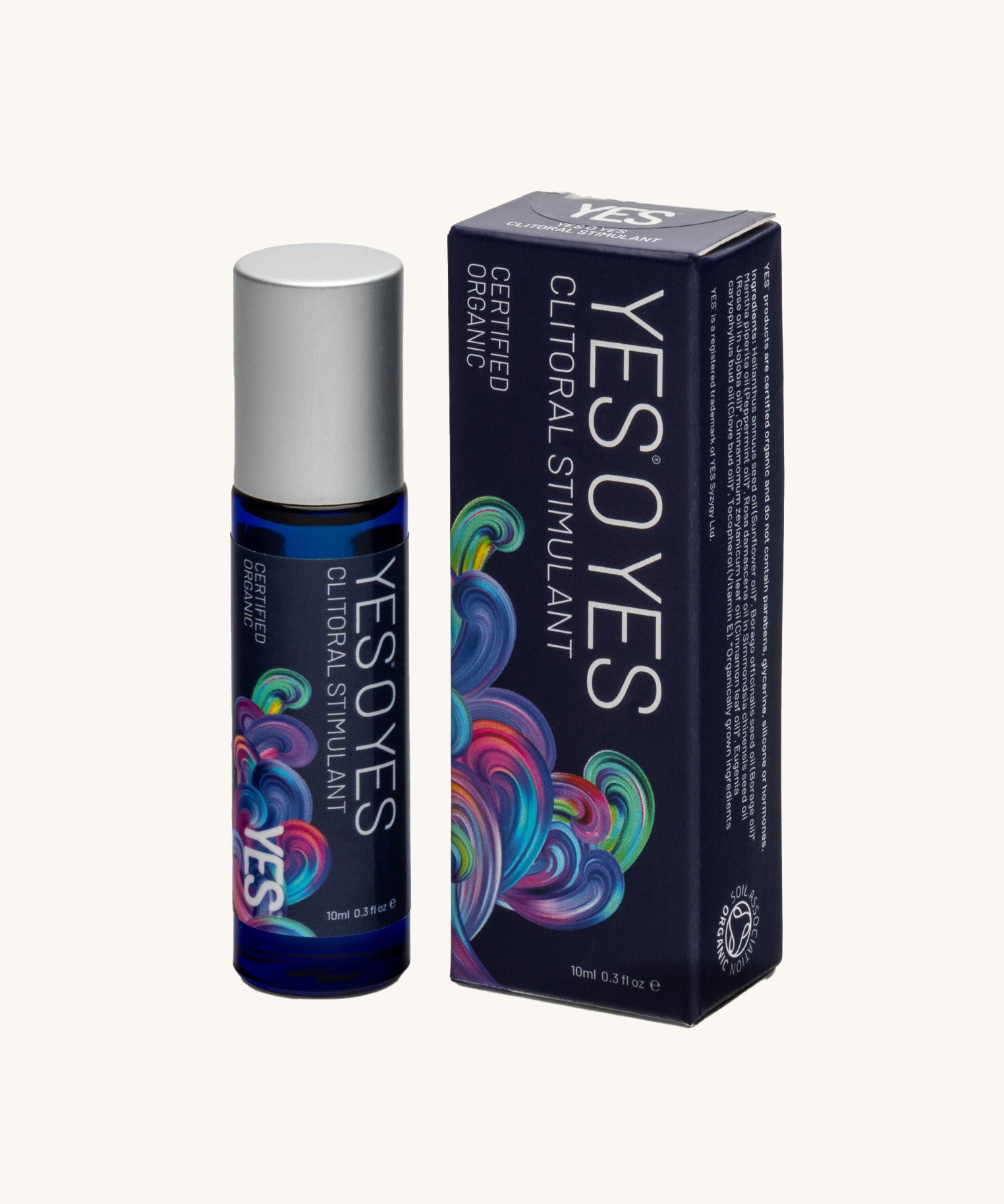 Yes O Yes Intimate Organic Stimulant Oil - 10ml roll-on applicator next to the box