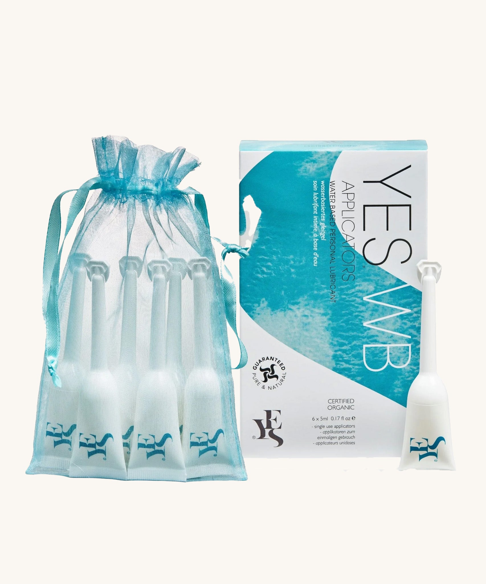 Yes Organic Water-Based Lubricant - 6 Pack Applicator, in a light blue mesh bag and the box next to it