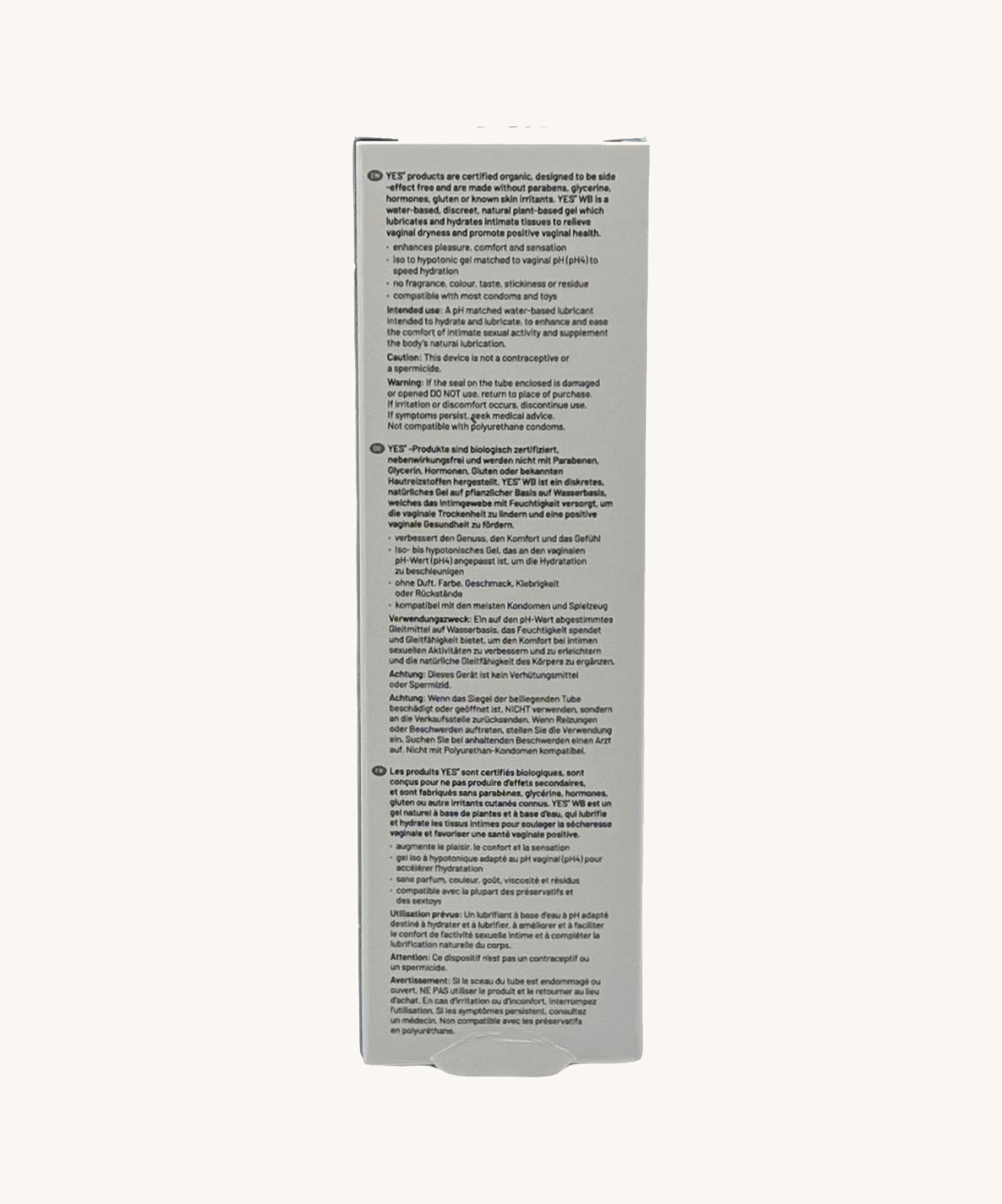 YES water-based organic personal lubricant, showing the back of the packaging with the ingredients list. 