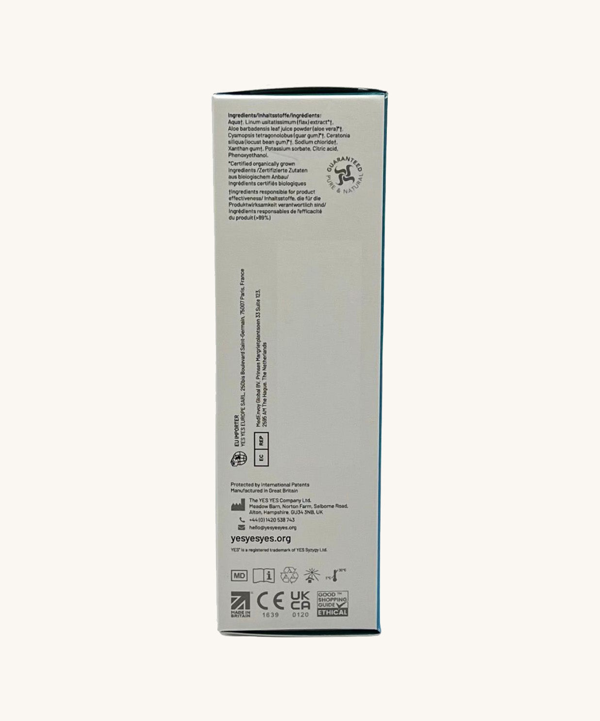 YES water-based organic personal lubricant in packaging, showing the side of the box.
