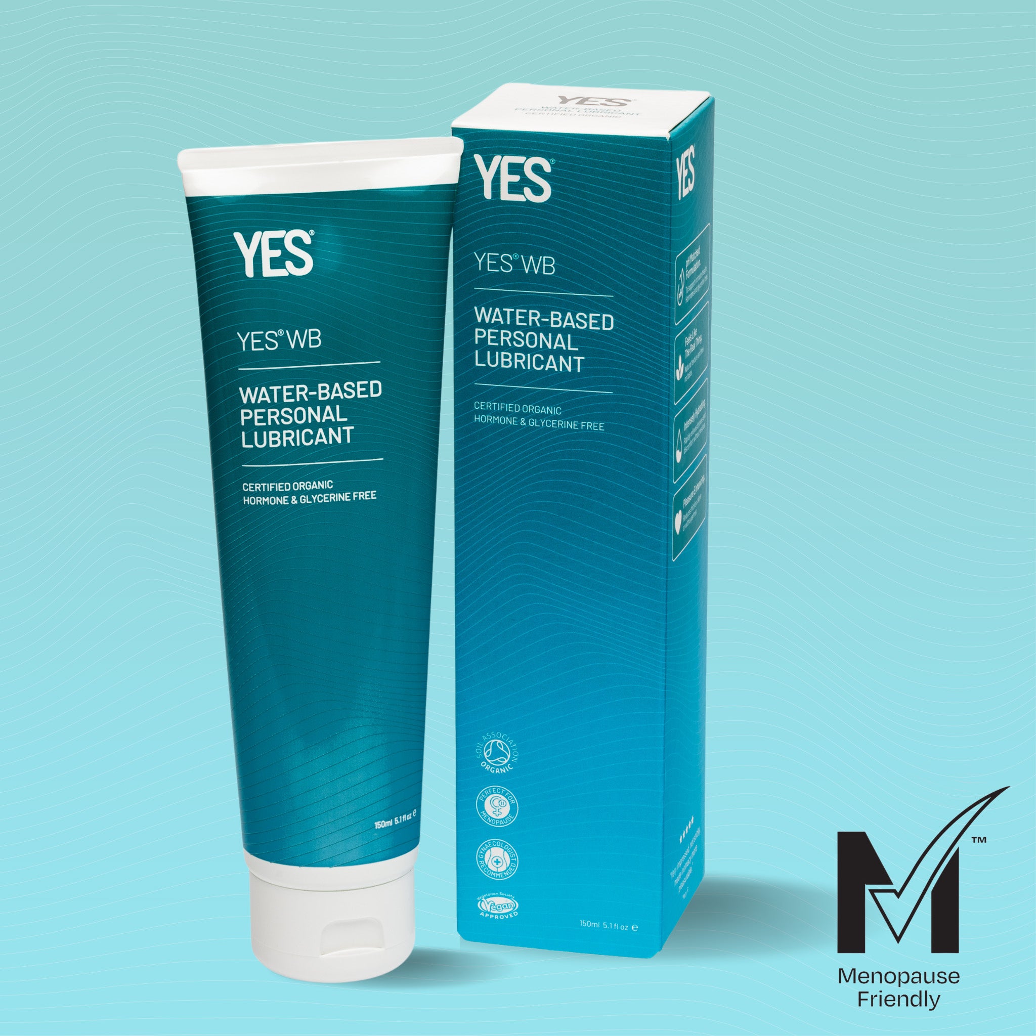 YES water-based organic personal lubricant next to its packaging, with an icon stating that this product is menopause friendly. 