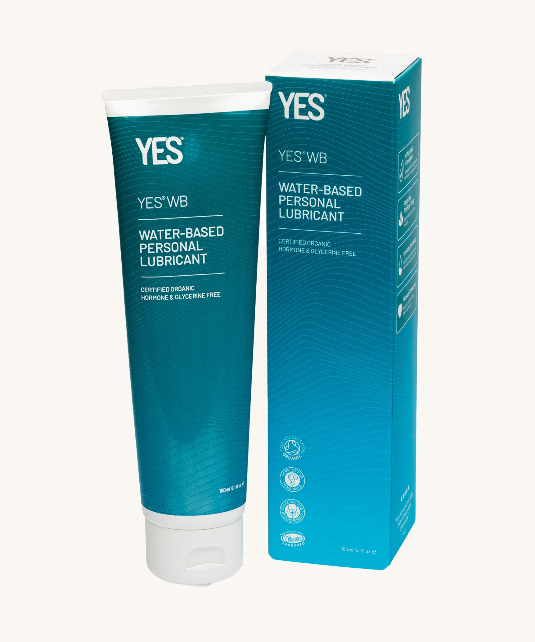 YES water-based organic personal lubricant next to its cardboard packaging.