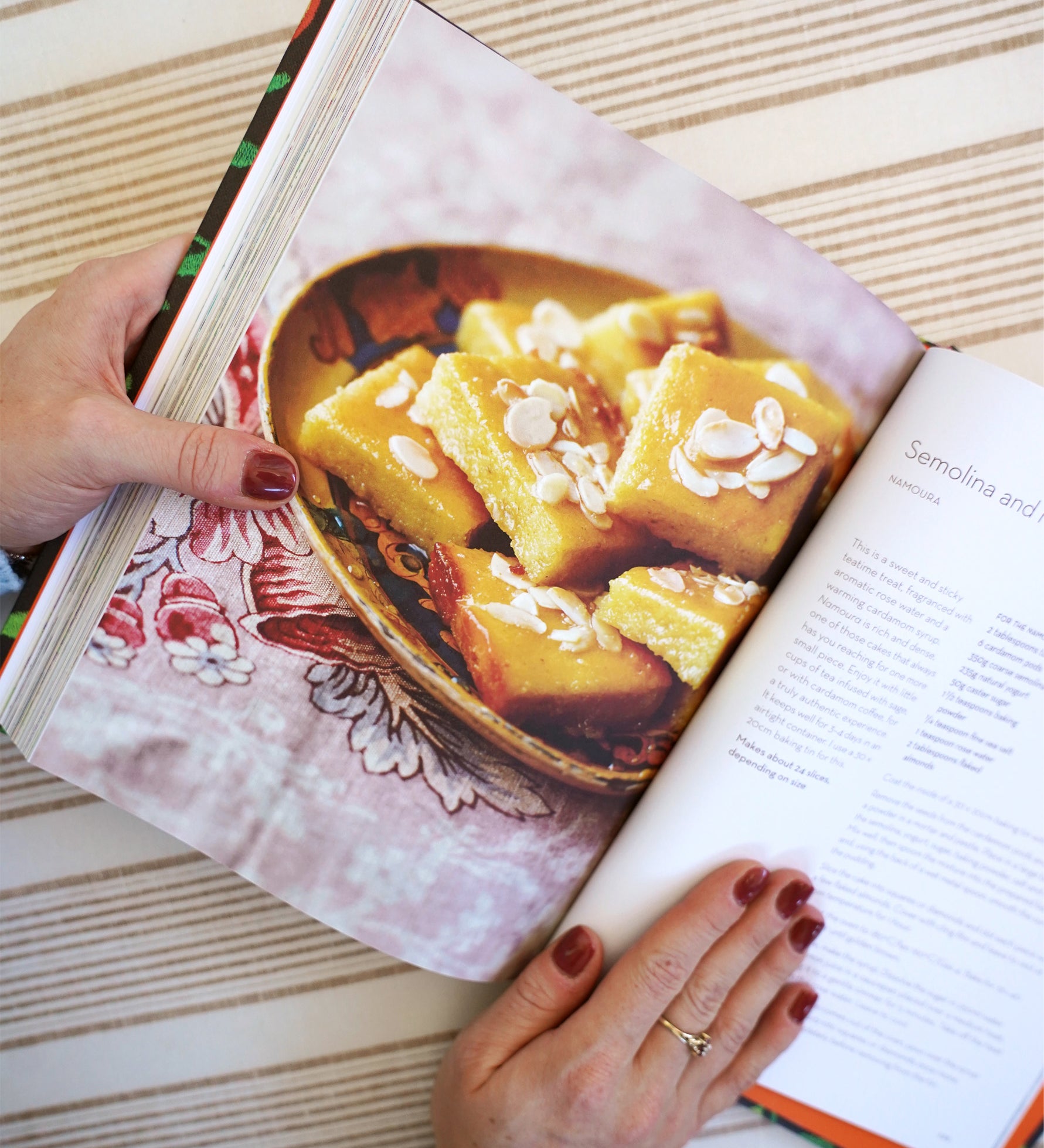 The Zaitoun Palestinian recipe book, opened to reveal a page with a recipe for a semolina dessert.