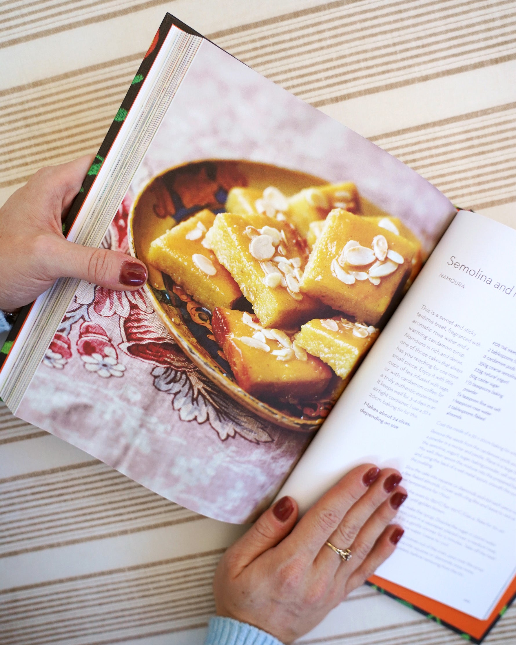 The Zaitoun Palestinian recipe book, opened to reveal a page with a recipe for a semolina dessert.